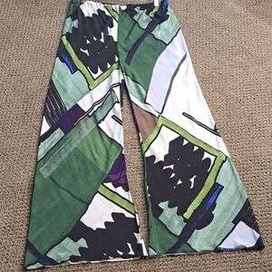 Zara Abstract Print Wide Leg Palazzo Pants Green Elastic Waist Size M